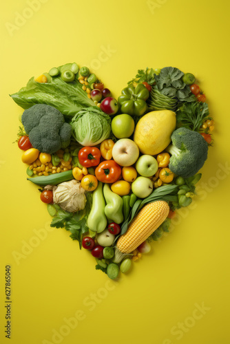 Yellow healthy food formed to a heart, yellowish background