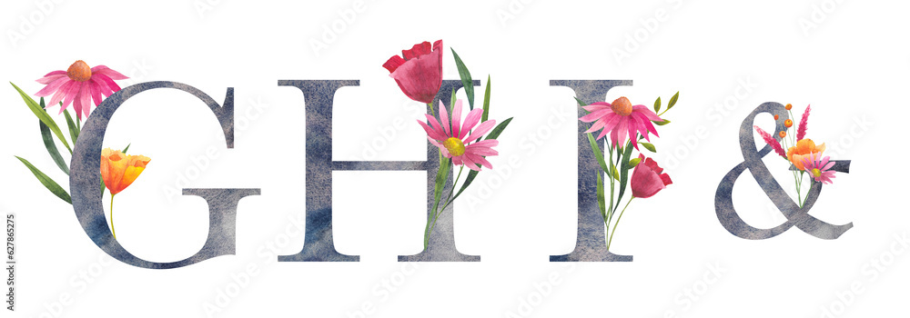 Set of letters G H I with watercolor wildflowers. Floral alphabet, isolated with botanical bouquet. monogram initials perfectly for wedding invitation, birthday, greeting card and other design Set of letters G H I with watercolor wildflowers. Floral alphabet, isolated with botanical bouquet. monogram initials perfectly for wedding invitation, birthday, greeting card and other design