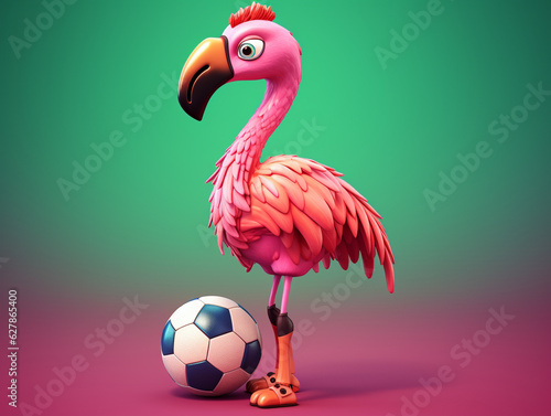 A Cute 3D Flamingo Playing Soccer on a Solid Color Background   Generative AI