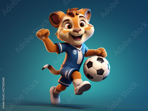 A Cute 3D Mountain Lion Playing Soccer on a Solid Color Background   Generative AI