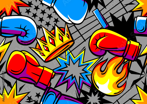 Pattern with boxing items. Box club illustration. Sport background in cartoon style.