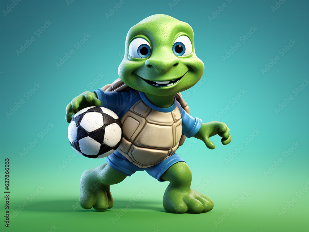 Fototapeta premium A Cute 3D Turtle Playing Soccer on a Solid Color Background | Generative AI