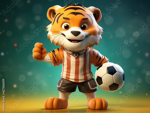 A Cute 3D Tiger Playing Soccer on a Solid Color Background   Generative AI
