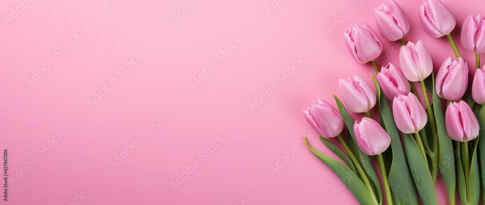 Spring tulip flowers on pink  background top view in flat lay style. Banner.