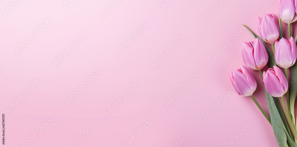 Naklejka premium Spring tulip flowers on pink background top view in flat lay style. Banner.