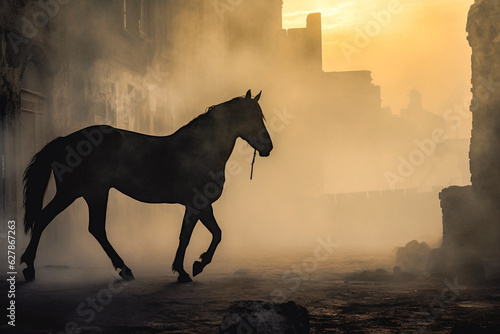 Horse silhouette seen in fog or smoke in an old town in somewhere in Europe or MIddle East. Medieval Europe, fantasy, mist, horse concept. Made with Generative AI