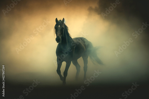 Horse silhouette seen in fog or smoke. Medieval Europe, fantasy, mist, horse concept. Made with Generative AI