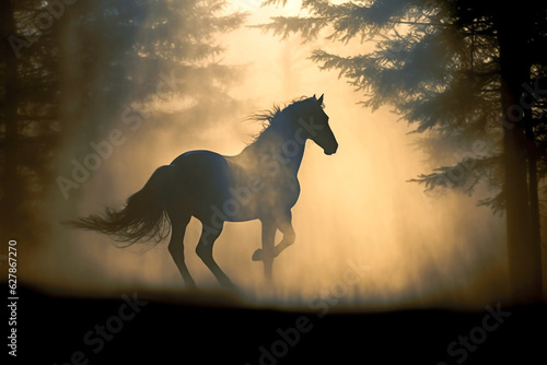 Horse silhouette seen in fog or smoke in forest. Medieval Europe, fantasy, mist, horse concept. Made with Generative AI