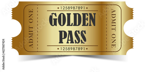 Golden ticket pass with sparkles and shiny gold gradient. Luxury admit one voucher for VIP event, raffle, exclusive party or contest. Elegant premium ticket design Vector illustration