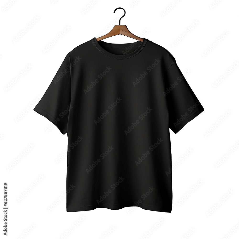 The front of the black T-shirt isolated. mockup with copy space. Hanging Tshirt template. Generative ai The front of the black T-shirt isolated. mockup with copy space. Hanging Tshirt template. Generative ai