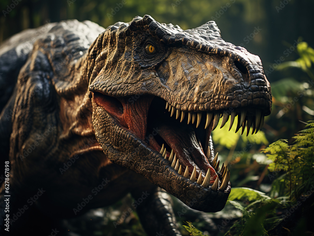 Close-up of Tyrannosaurus Rex head created with Generative AI Close-up of Tyrannosaurus Rex head created with Generative AI