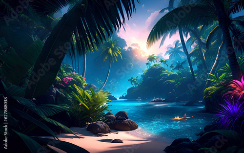 Early morning on a tropical island with rocks and palm trees and calm bay
