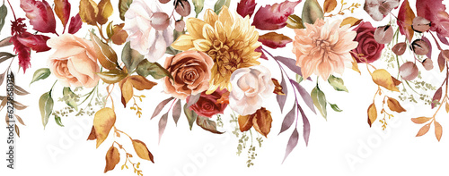 Leinwand Poster Autumn floral border with dahlia, rose and eucalyptus leaves