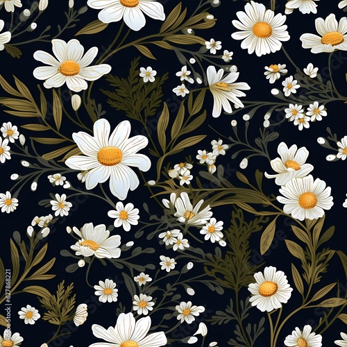 floral seamless pattern with daisies on a dark background