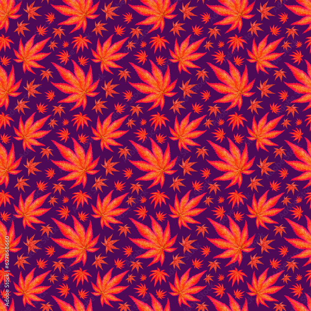 Seamless pattern of red and orange maple leaves