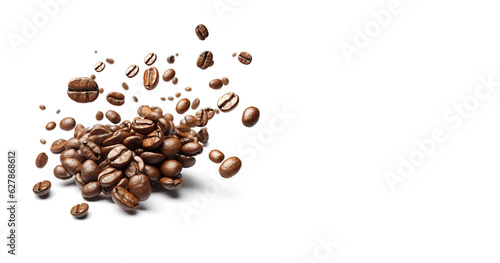 Flying brown coffee beans on a white background with space for text. Stylish design for the cover, brand book, coffee shop menu. Generative AI