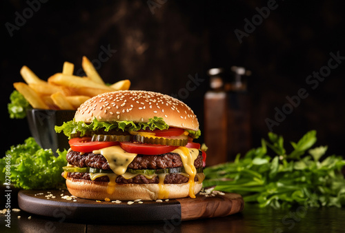 Fresh and Big Handmade Burger made on the griddle drizzled with special sauces and adding gourmet toppings, cheeses, pickles, salad, tomato, lettuce. Served with fries and a cold drink. Wooden table