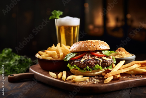 Fresh and Big Handmade Burger made on the griddle drizzled with special sauces and adding gourmet toppings, cheeses, pickles, salad, tomato, lettuce. Served with fries and a cold drink. Wooden table