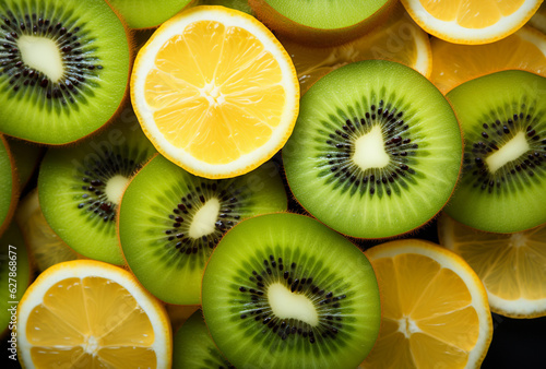 Juicy and fresh Kiwi and lemon sliced on top of each other. Macro. Fresh fruit. Sicilian lemon