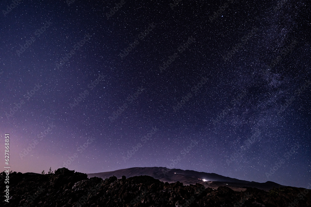 Stargazing at  Mauna Loa Observatory Road, Big Island Hawaii. Starry night sky,  Milky Way galaxy astrophotography. Mauna Kea