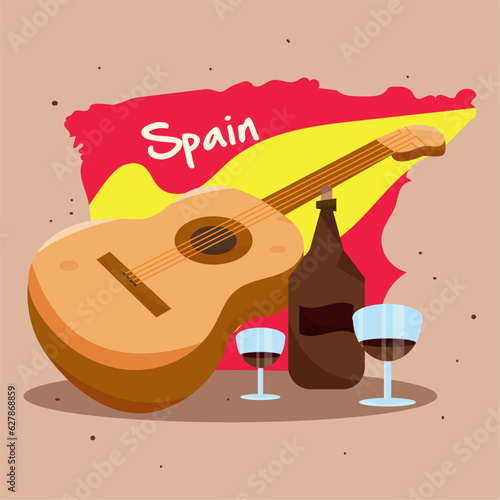 Map of Spain with wine drink and a wooden guitar Spain culture template Vector