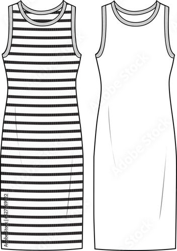 Women's Fitted Mini Dress. Technical fashion illustration. Front, striped and white color. Women's CAD mock-up.	