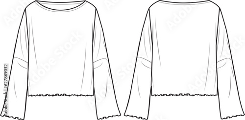 Women's Bell Sleeve Jumper- Technical fashion illustration. Front and back, white color. CAD mock-up.	