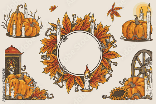 Set of Halloween designs for holiday backgrounds, banners and postcards. Halloween collection with pumkins, lantern, skeleton hand and autumn leaves for decoration dark party or scary autumn festival