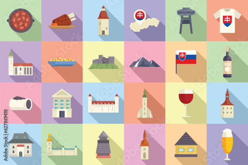 Slovakia icons set flat vector. City culture. Historic europe