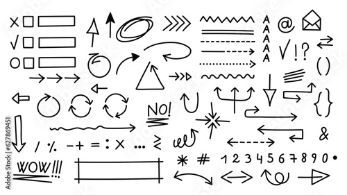 Set of cute pen line doodle element vector. Hand drawn doodle style collection of arrows, scribble, speech bubble, numbers, words. Design for print, cartoon, card, decoration, sticker