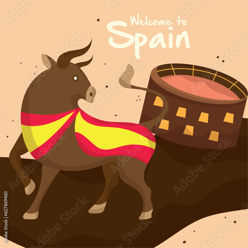Fotografija Cute bull with spanish flags next to a bullring Spain culture template Vector