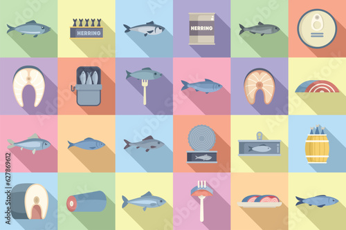Herring icons set flat vector. Fish cod. Water trout