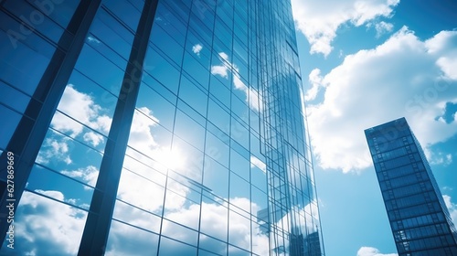 Reflective skyscrapers  business office buildings. Low angle photography of glass curtain wall details of high-rise buildings.The window glass reflects the blue sky and white clouds