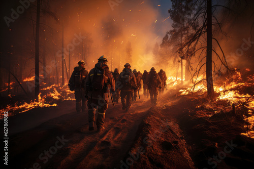 Firefighters working together to control a wildfire in a forest