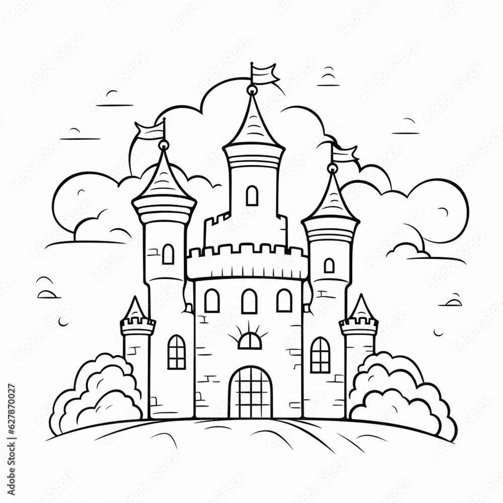 simple black and white line art with thick lines of a fairytale castle - obrazy, fototapety, plakaty 