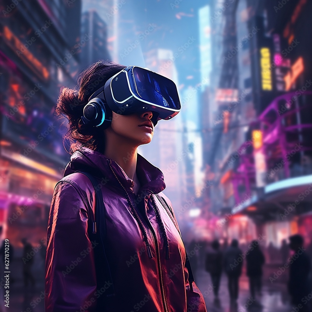 City future and a woman wearing virtual reality headsets. Generative AI. Woman looking up at skyline and city with vr glasses City future and a woman wearing virtual reality headsets. Generative AI. Woman looking up at skyline and city with vr glasses