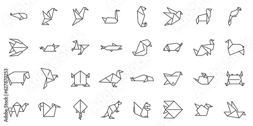 Origami animals icons set outline vector. Fish paper. Fox low poly
