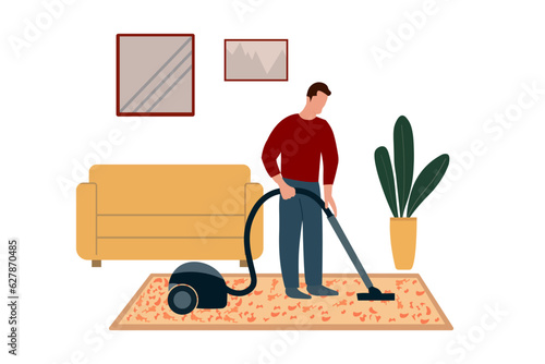 Male character during housework, housekeeping. Person cleans carpet, floor with vacuum cleaner in living room interior. Mature man cleaning home.  Flat vector illustration isolated on white background