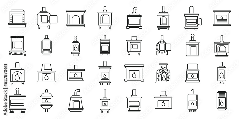 Furnace icons set outline vector. Air gas. Brick burn