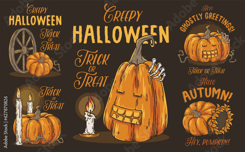 Set of Halloween designs or holidays emblems for print, banner and postcard. Halloween collection with pumkins, candle and skeleton hand for dark party or autumn festival