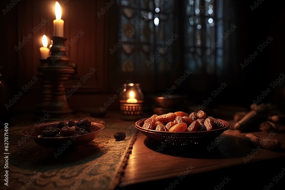 Dry dates in a plate. Candles on the background. Iftar illustration. After evening prayer and sunset. Generative AI