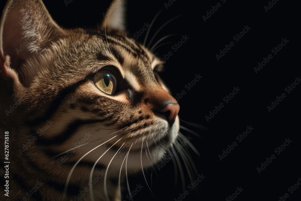 Portrait of a beautiful cat in close-up Macro photography on dark background.