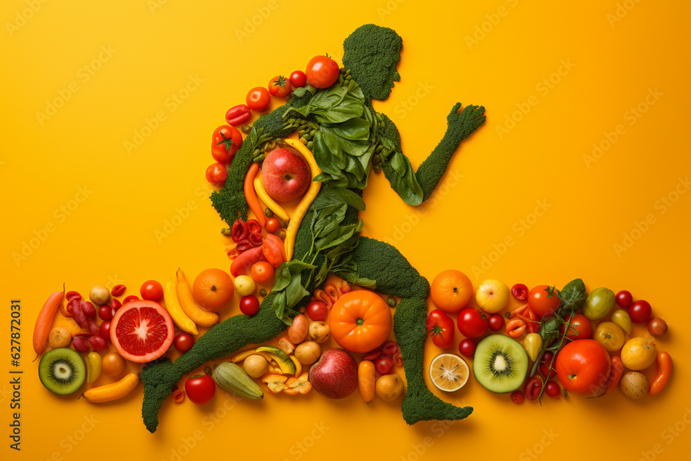 Running man made from fruit and vegetables. Concept on theme healthy lifestyle