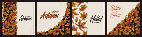 Set of Halloween backgrounds with autumn leaves or foliage for banners and postcards. October collection with season design backgrounds for halloween party and decoration of holiday market