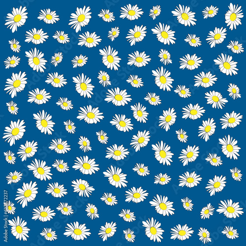 Fondo floral con margaritas sobre azul.