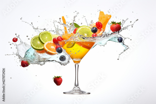 fresh fruits falling into cocktail glass  splashing on white background