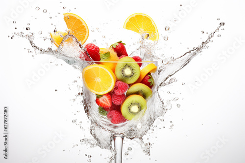 fresh fruits falling into cocktail glass  splashing on white background