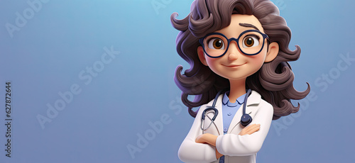 Cartoon character Caucasian woman doctor wears glasses and uniform. Medical clip art isolated on blue background. Health care consultation, medical science, generative ai