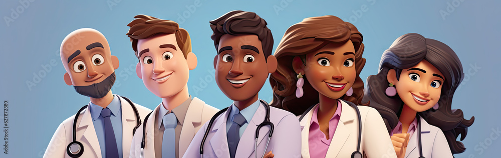 Cartoon character doctors, international team of healthcare professionals isolated on blue background. Medical colleagues hospital staff, generative ai Cartoon character doctors, international team of healthcare professionals isolated on blue background. Medical colleagues hospital staff, generative ai