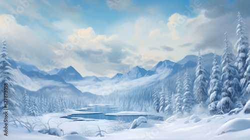 Cold winter freezing snowy landscape, background banner or wallpaper